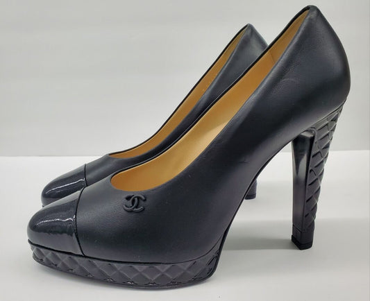 Chanel Cap Toe Pumps Black Calf Leather High Heel Logo Platform Womens Talla 39