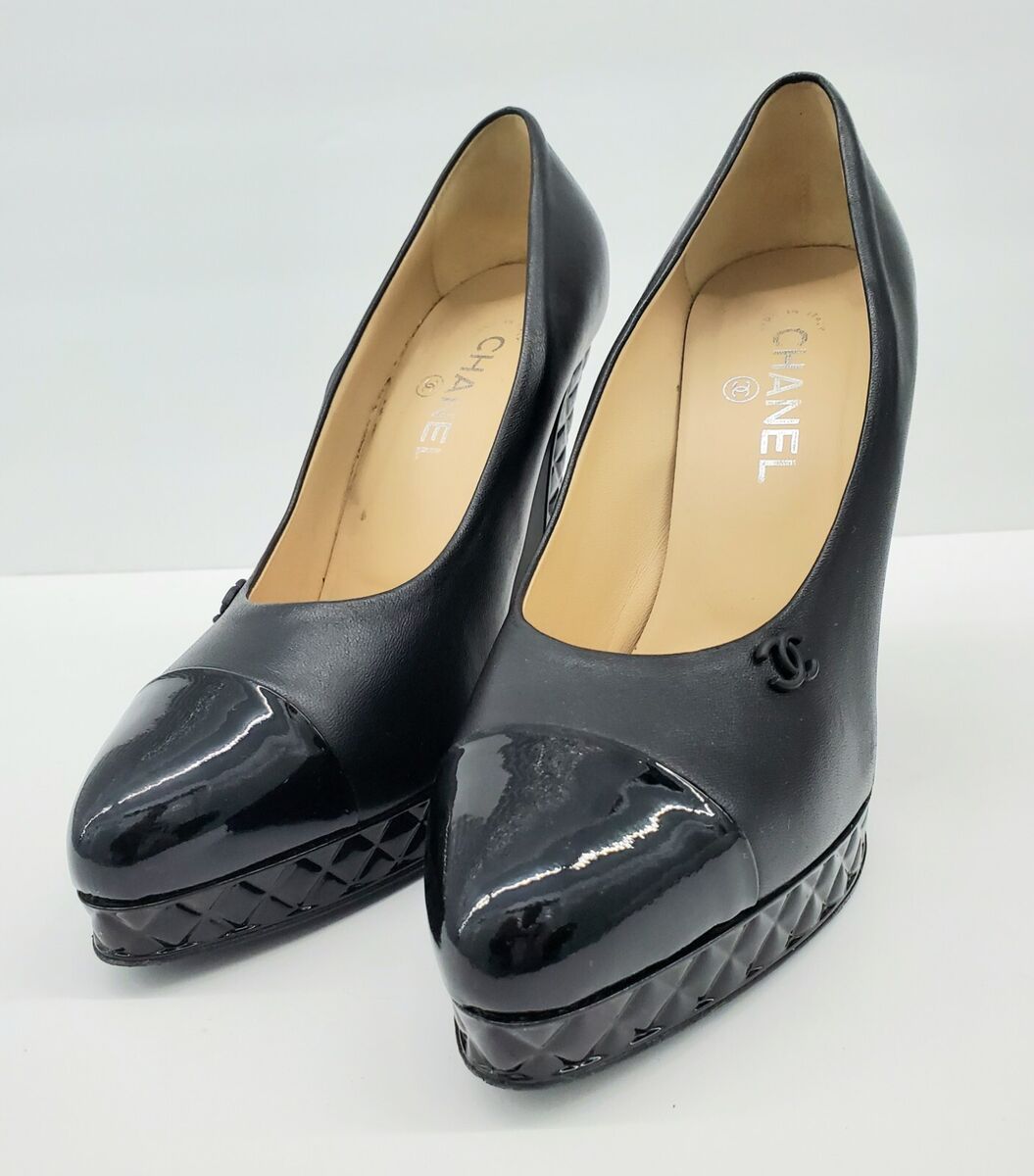 Chanel Cap Toe Pumps Black Calf Leather High Heel Logo Platform Womens Talla 39