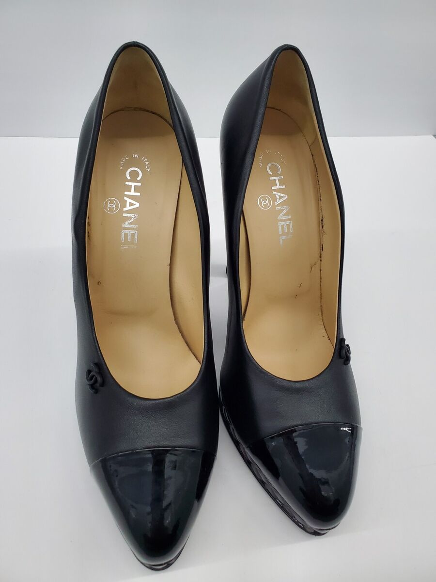 Chanel Cap Toe Pumps Black Calf Leather High Heel Logo Platform Womens Talla 39