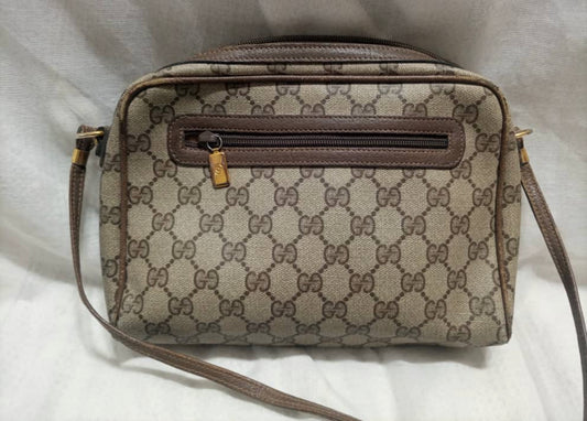 GUCCI GG Canvas Shoulder Bag PVC Leather Beige