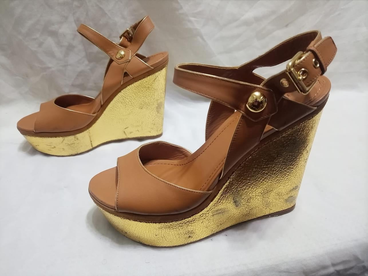 Louis Vuitton Wedge Sole Strap Sandals Shoes Leather 23Cm talla 40