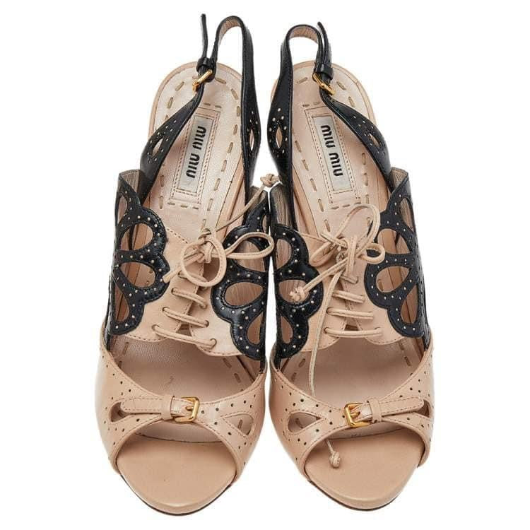 Miu Miu Beige And Black Leather Cutouts Slingback Sandals Talla 37